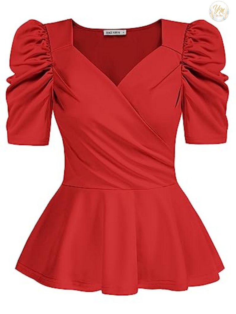 Puff Sleeve Wrap V-Neck Ruffle Hem Blouse Summer Top